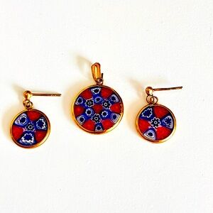 Murano Glass Millefiori Set Pendant & Earrings Pierced 24kt Gold Italy Red Blue